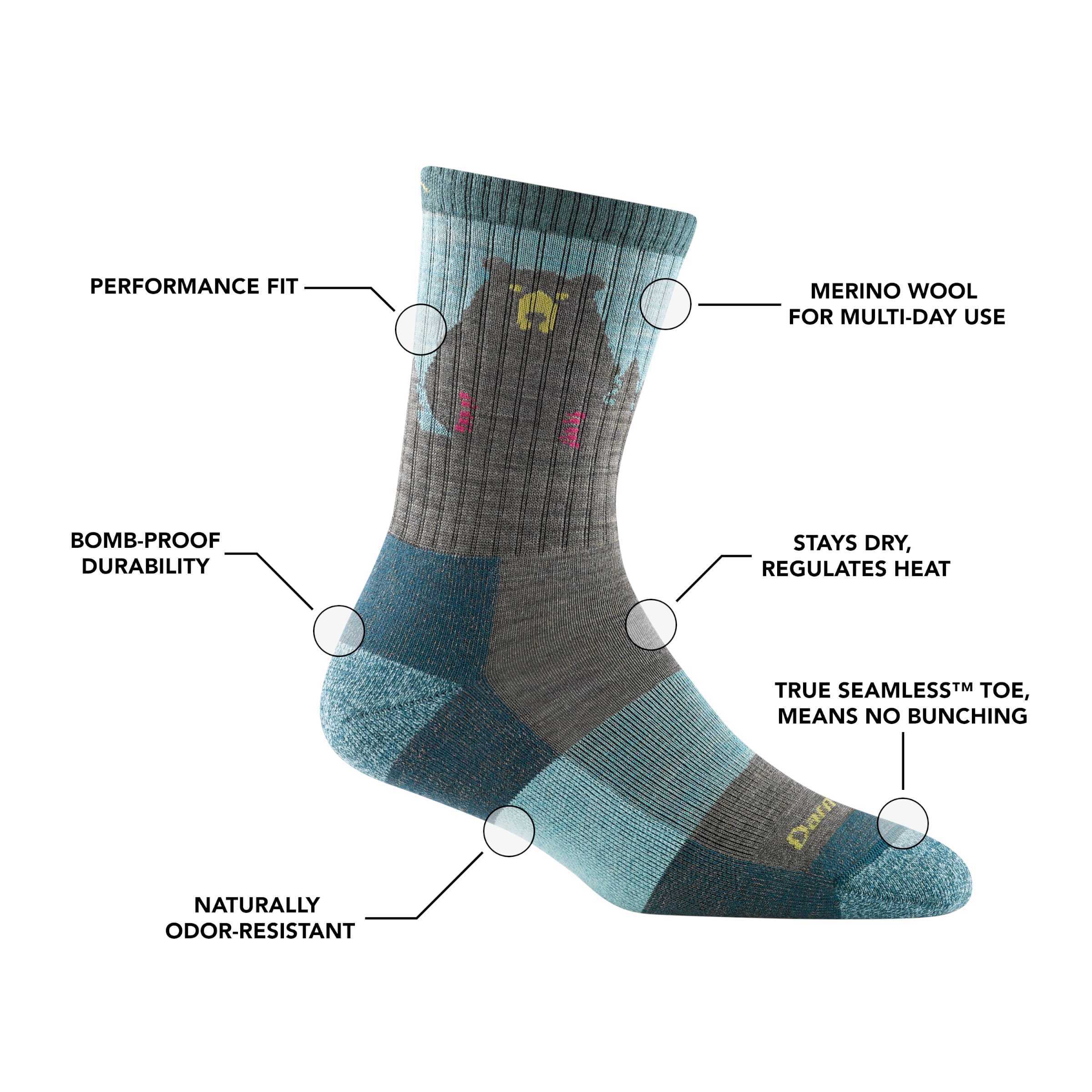 Darn Tough Bear Town Micro Crew Wandersocken mit Dämpfung, Quartz