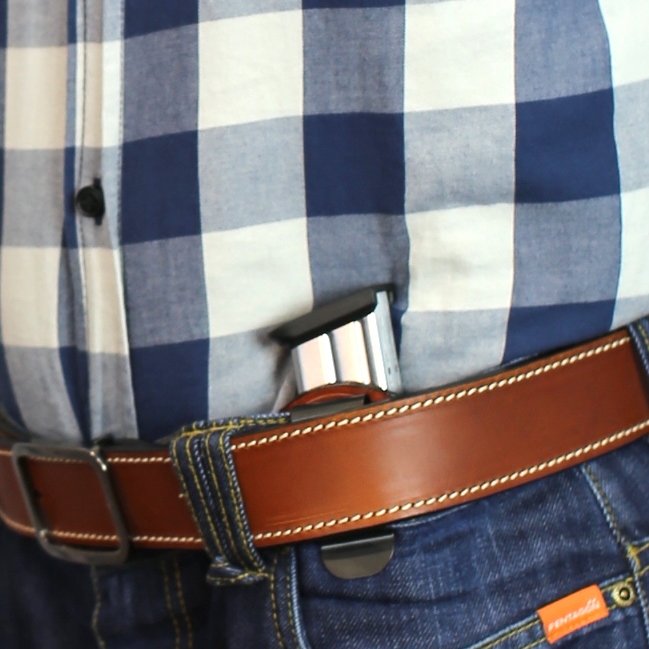 Falco F400 Ledergürtelholster für Magazin mit Schnalle und Feststellschraube Glock 19, braun links
