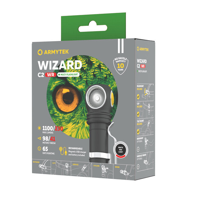 ArmyTek Wizard C2 WR Magnet White & Red LED Headlamp, Magnetic Mount, Battery Powered, 1100 lm, 3 h, 65 g