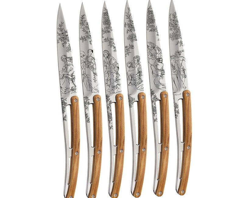 Deejo Klappmesser Tattoo Set Steakmesser glänzende Oberfläche Olivenholz Toile de Jouy