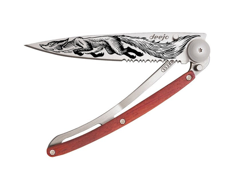 Deejo Tattoo Serration Schließmesser Coralwood Fox