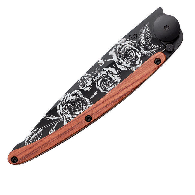 Deejo Schließmesser Black Tattoo Schwarze Tattoo-Korallenholz-Rosen