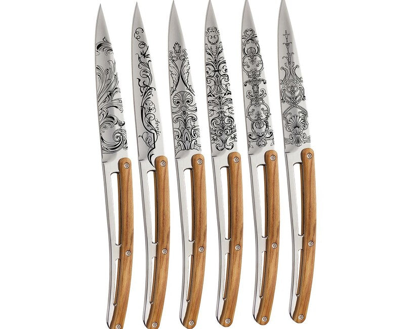 Deejo Tattoo Set Klappmesser Steakmesser glänzende Oberfläche Olivenholz Grand Siecle