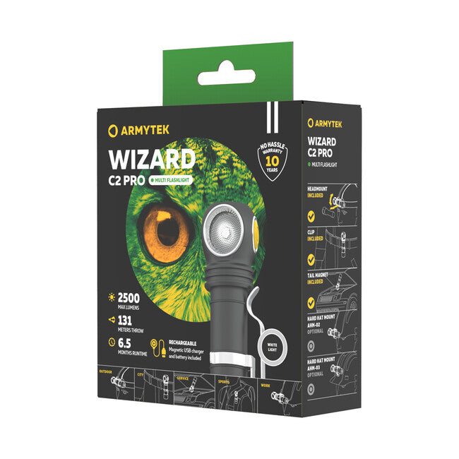 ArmyTek Wizard C2 Pro Φακός LED με Μαγνητικό Κάτοχο Τροφοδοσίας Μπαταρίας, White, 2500 lm, 4800 h, 65