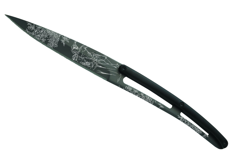 Deejo Set mit 6 Steakmessern, klinge aus schwarzem titan gezackter griff schwarzem abs-design, toile de jouy