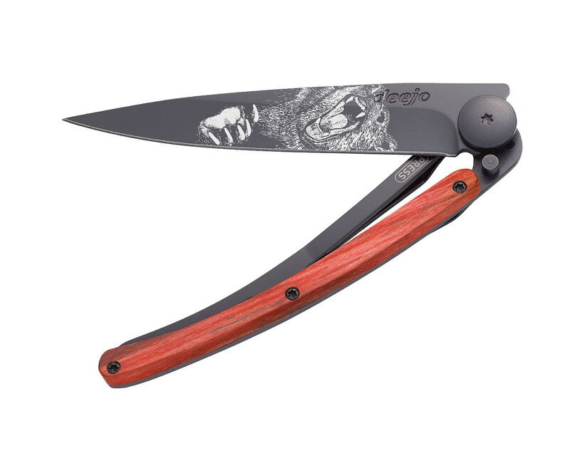 Deejo Tattoo Schließmesser, black red beech grizzly