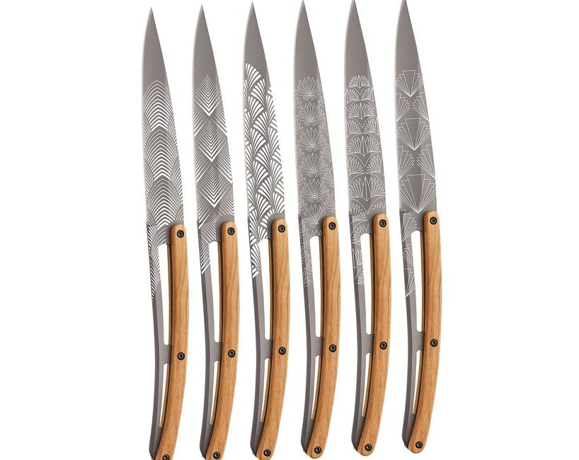 Deejo Tattoo Klappmesser steakmesser-set aus hellem titan, olivenholz, art-déco-design