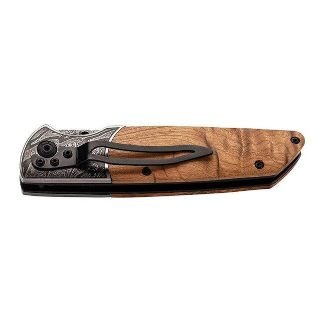 Herbertz Einhandtaschenmesser 8,8cm, wurzelholz, geprägtes ziermotiv
