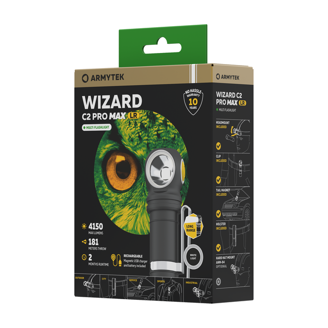 Armytek Wizard C2 Pro Max LR White LED Pocket Flashlight with Belt Clip, Pouch, Battery Powered, 4150 lm