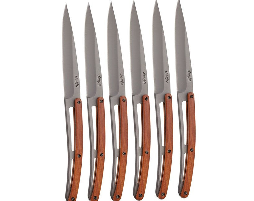 Deejo-Set mit 6 Tischmessern aus grauem Titankorallenholz