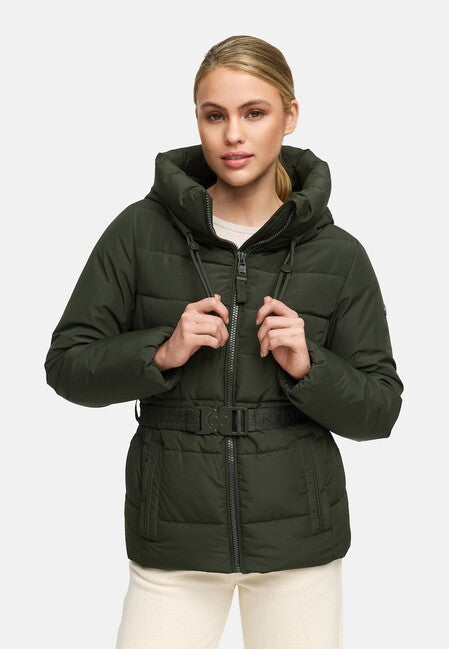 Marikoo HIMEE 16 damen Winterjacke mit hohem Kragen und Gürtel, dark olive