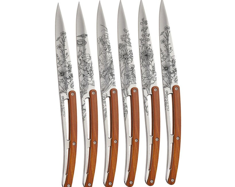 Deejo Tattoo-Set aus steakmessern, glänzende oberfläche, korallenholz-design, blossom