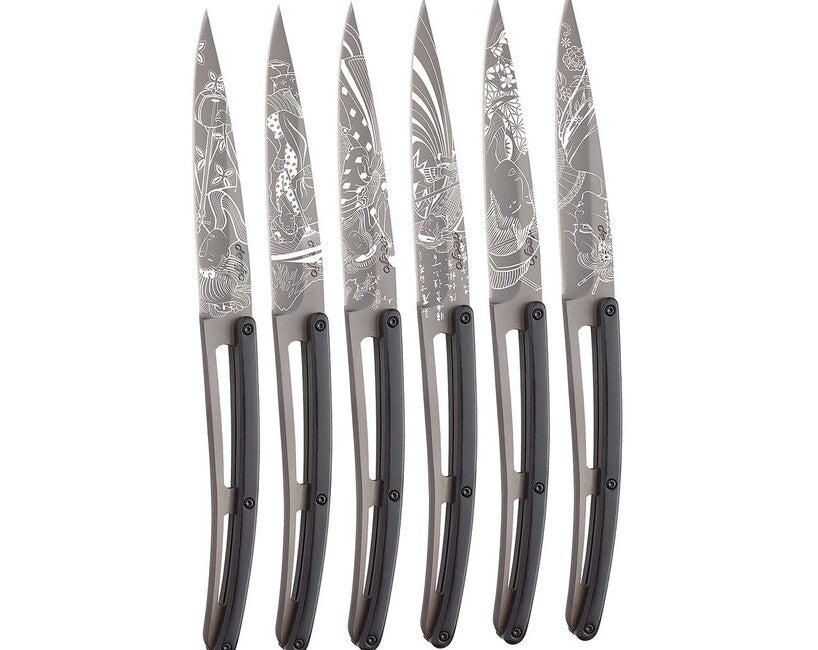 Deejo Tattoo-Set aus Steakmessern, hellgraues Ebenholz aus Japan