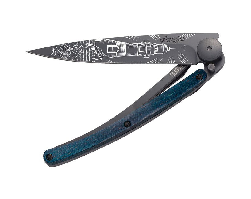 Deejo Tattoo klappmesser Black Blue Buche, leuchtturm