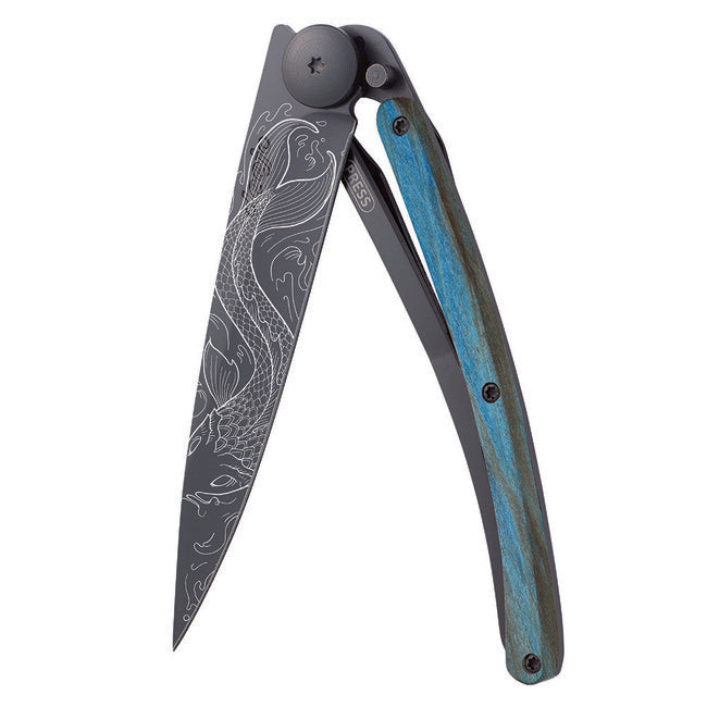 Deejo Schließmesser schwarzes Tattoo blaue Buche Fisch