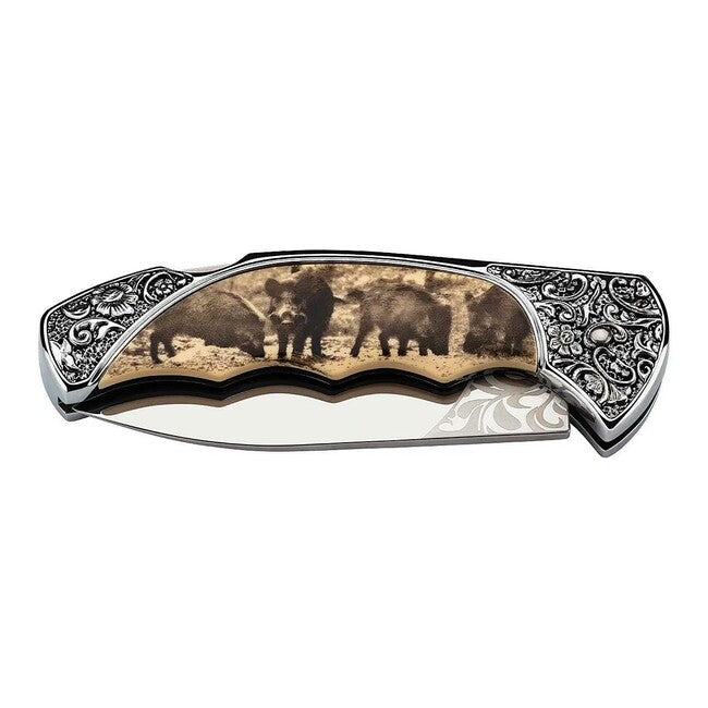 Herbertz taschenmesser 8,2cm Kunststoff mit floralen Beschlägen Wildschweinmotiv