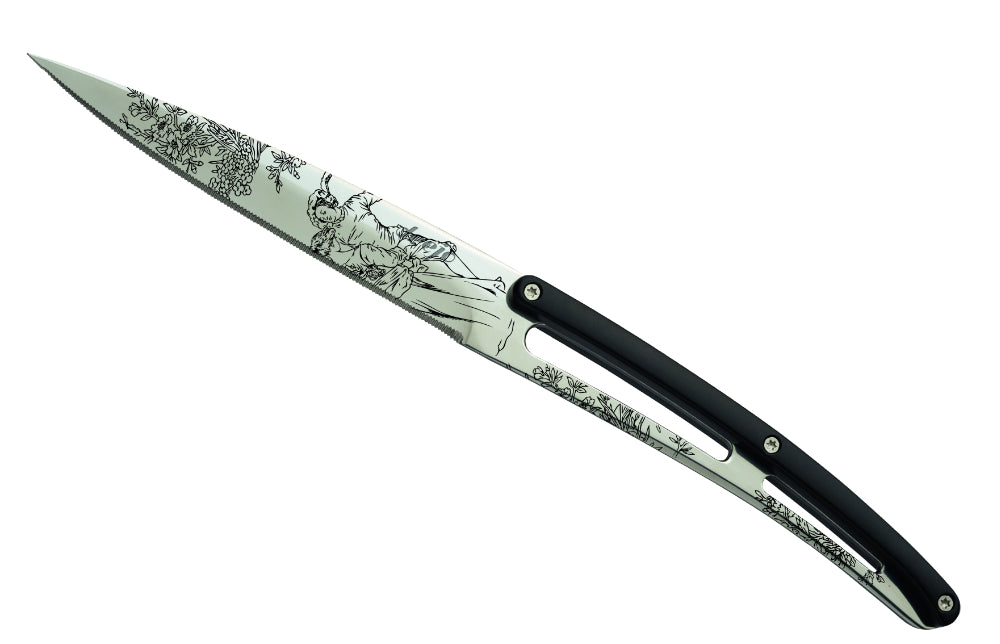 Deejo Set mit 6 steakmessern glänzende klinge gezahnter griff schwarzes abs-design, toile de jouy