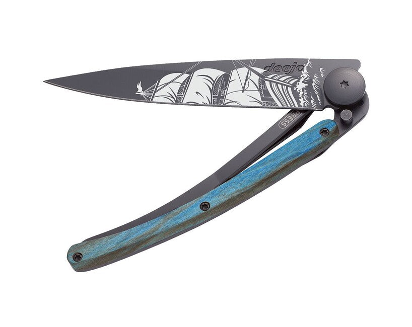 Deejo Klappmesser Tattoo Schwarz Blau Buche Corsair