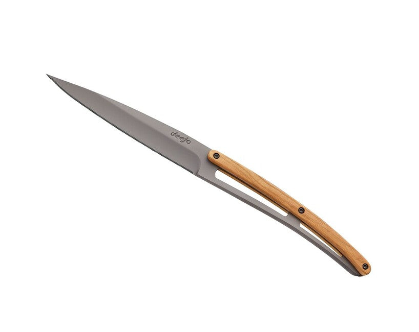 Deejo Set mit 6 Messern tischklinge aus grauem titan-olivenholz mit gezahnter klinge