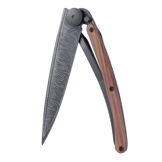 Deejo Black Tattoo Coralwood Feather Schließmesser