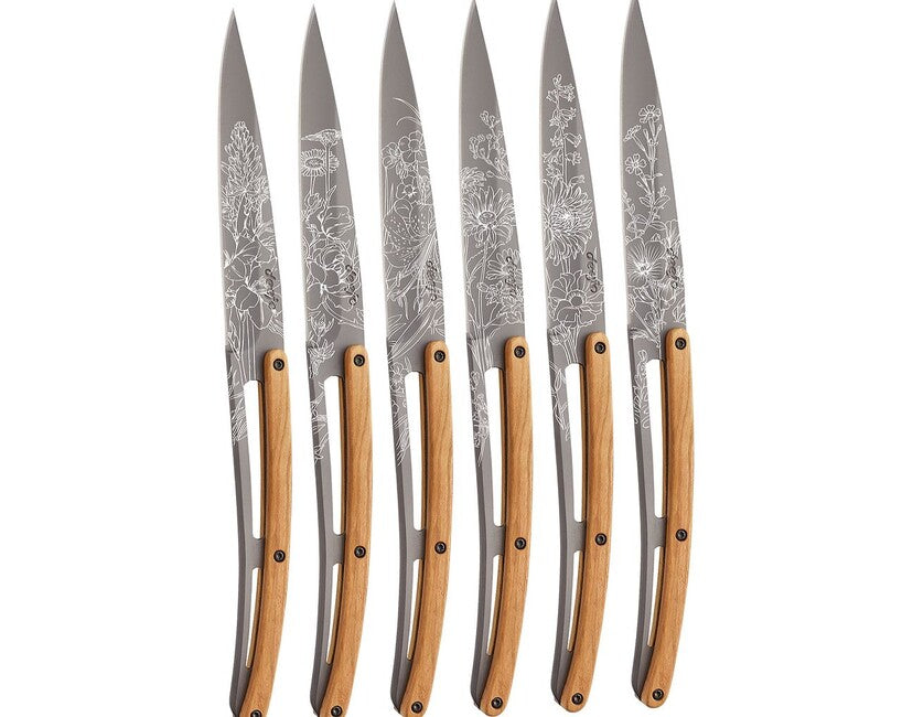 Deejo Tattoo Klappmesser Steakmesserset graues Titan Olivenholz Blossom