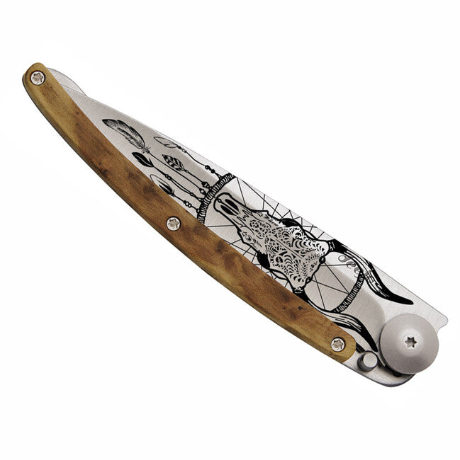 Deejo Tattoo Dreamcatcher Folding Knife, Juniper Wood