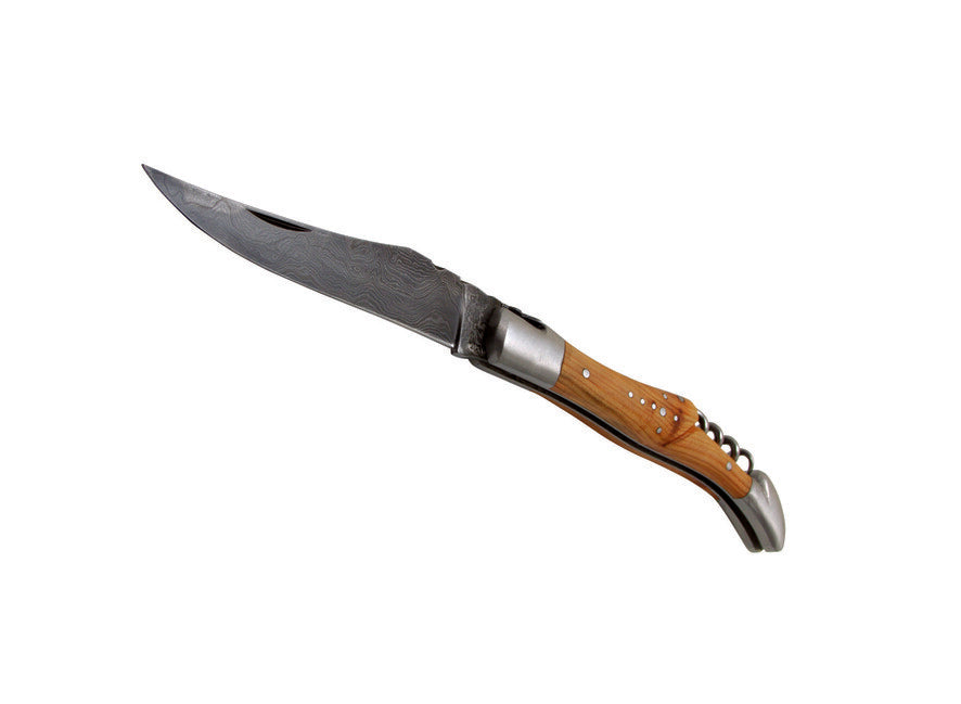 Laguiole DUB071 Folding Knife, 12cm Blade, Damascus Steel, Corkscrew, Juniper Handle