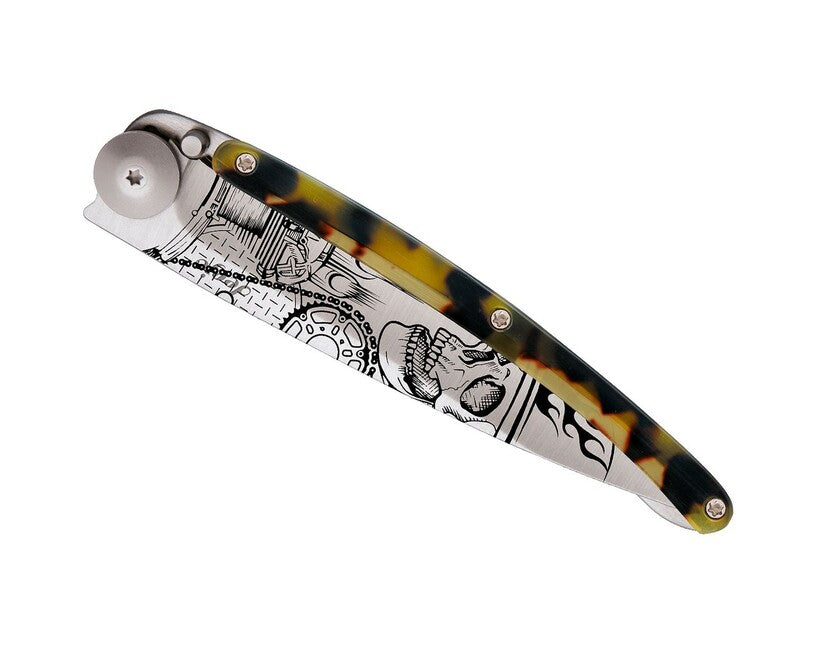 Deejo Tattoo Turtle Folding Knife, Grey Titanium, Dark Turtle Ride or Die