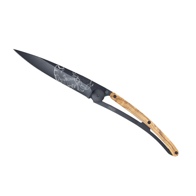 Deejo Tattoo Folding Knife, Black Olive Wood, Scorpio