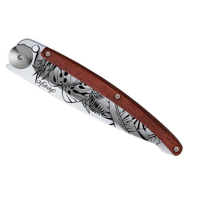 Deejo Tattoo Mirror Folding Knife, Coralwood Jungle