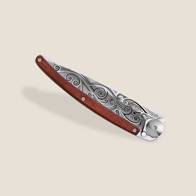 Deejo Tattoo Mirror Folding Knife, Coralwood Pacific