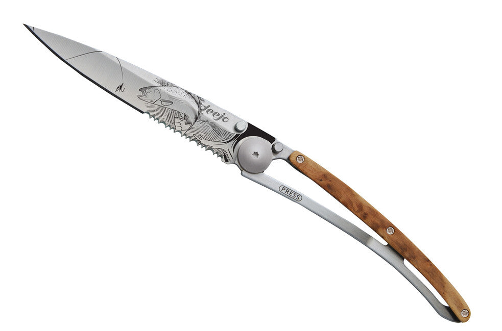 Deejo Trout Folding Knife, Serration Titanium Wood