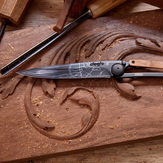 Deejo Tattoo Folding Knife, Black, Olive Wood, Sagittarius