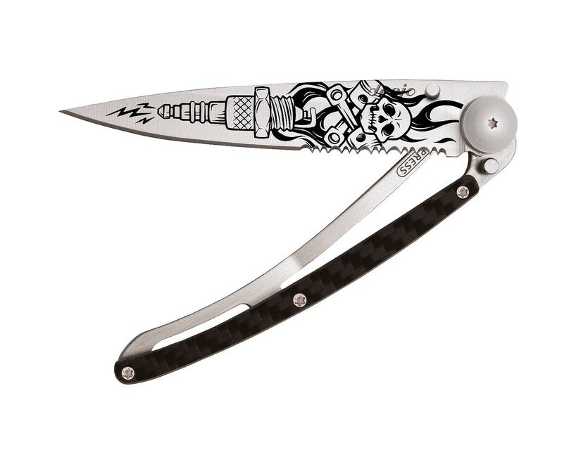 Deejo Tattoo Serration Folding Knife, Titan Carbon Fiber Biker
