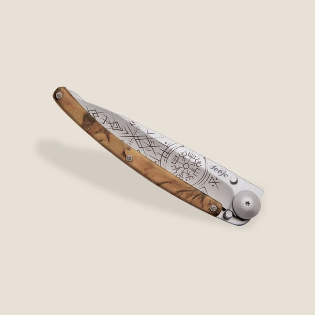 Deejo Tattoo Serration Folding Knife, Brown Camo Viking Vegvisir