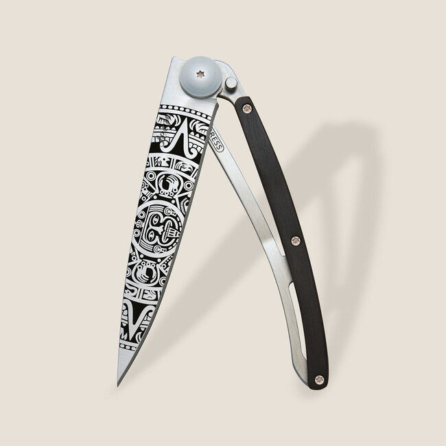 Deejo Tattoo Wood Folding Knife Aztec Sun