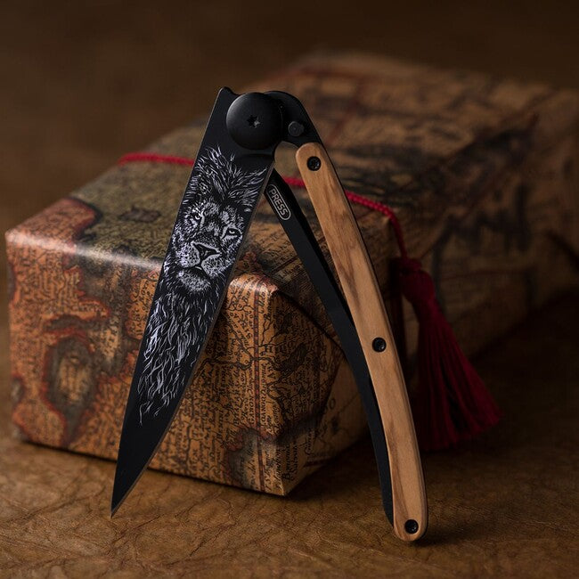 Deejo Tattoo Folding Knife, Black Juniper, Lion