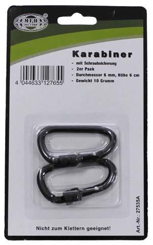 MFH Karabiner mit Schraubverschluss 2er Pack, schwarz, 60x6mm