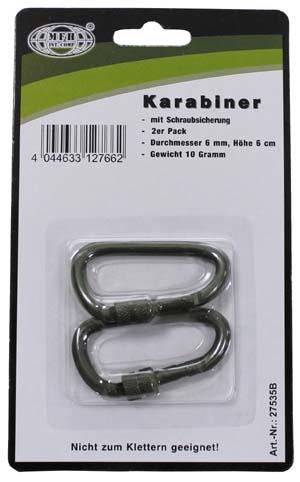 MFH Karabiner mit Schraubverschluss 2er Pack 60x6mm, olive