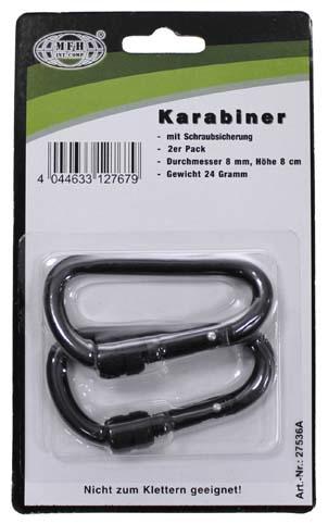 MFH Karabiner mit Schraubverschluss 2er Pack, schwarz, 80x8mm