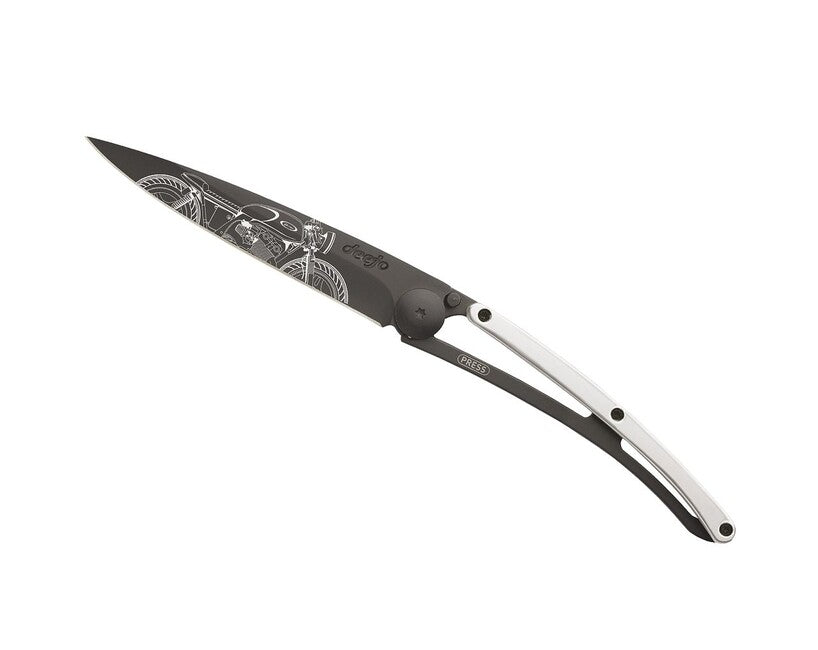 Deejo Folding Knife GOLD Tattoo 9kt White Gold Cafe Racer