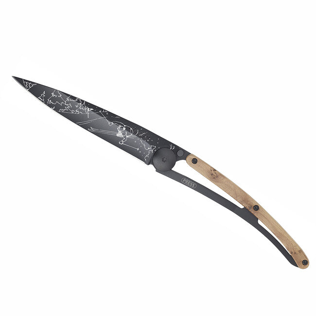 Deejo Tattoo Folding Knife, Black Juniper Wood, Ski