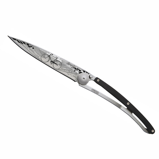 Deejo Tattoo Folding Knife, Ebony Wood, Bicycle