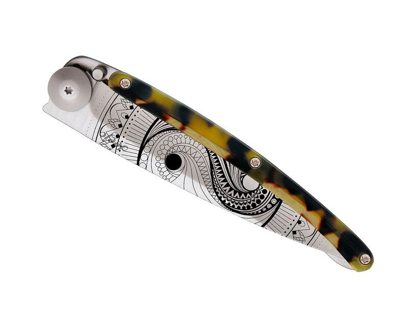 Deejo Tattoo Turtle Folding Knife, Grey Titan Dark Turtle Yin and Yang