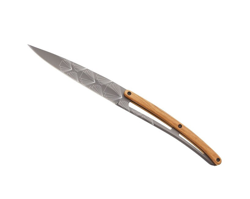 Deejo Tattoo Art Déco Steak Knife Set, Light Titanium with Olive Wood