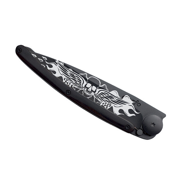 Deejo Tattoo Biker Angels Folding Knife, Black Ebony Wood