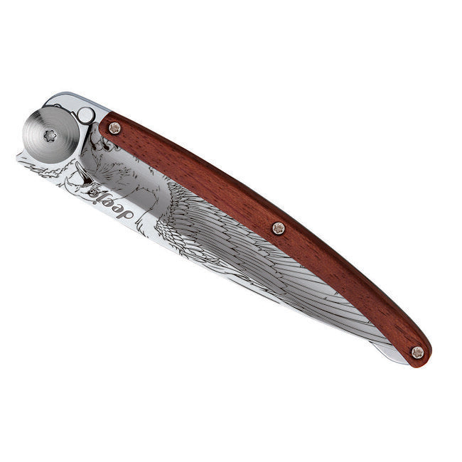 Deejo Tattoo Mirror Folding Knife, Coralwood Eagle
