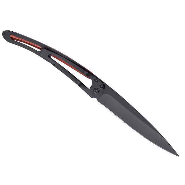 Deejo Black Tattoo Red Beech Folding Knife Lion
