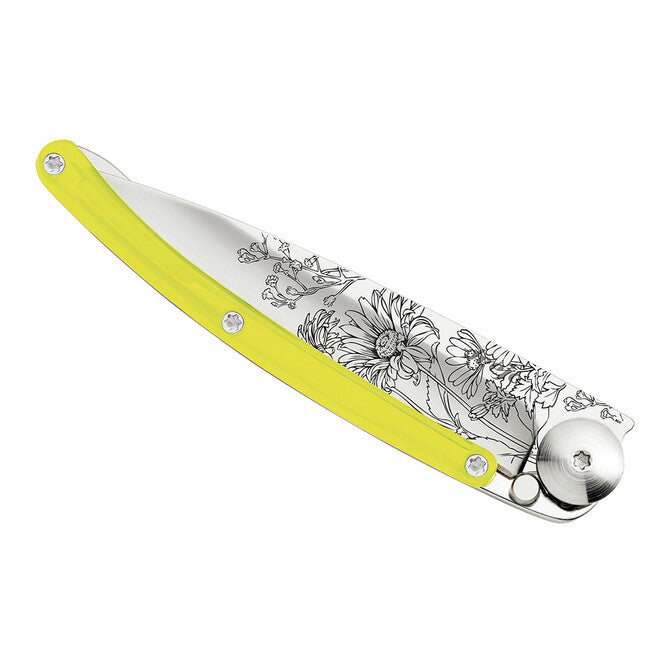 Deejo Blossom Folding Knife, Yellow Tattoo
