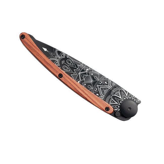 Deejo Tattoo Mandala Folding Knife, Black Coralwood